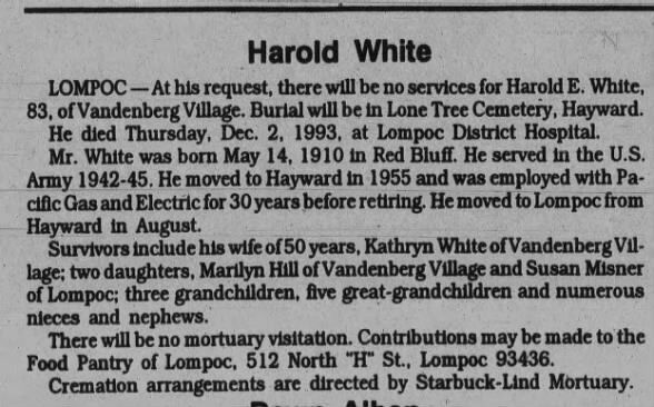 Obituary for Harold E. White, 1910-1993 (Aged 83)
